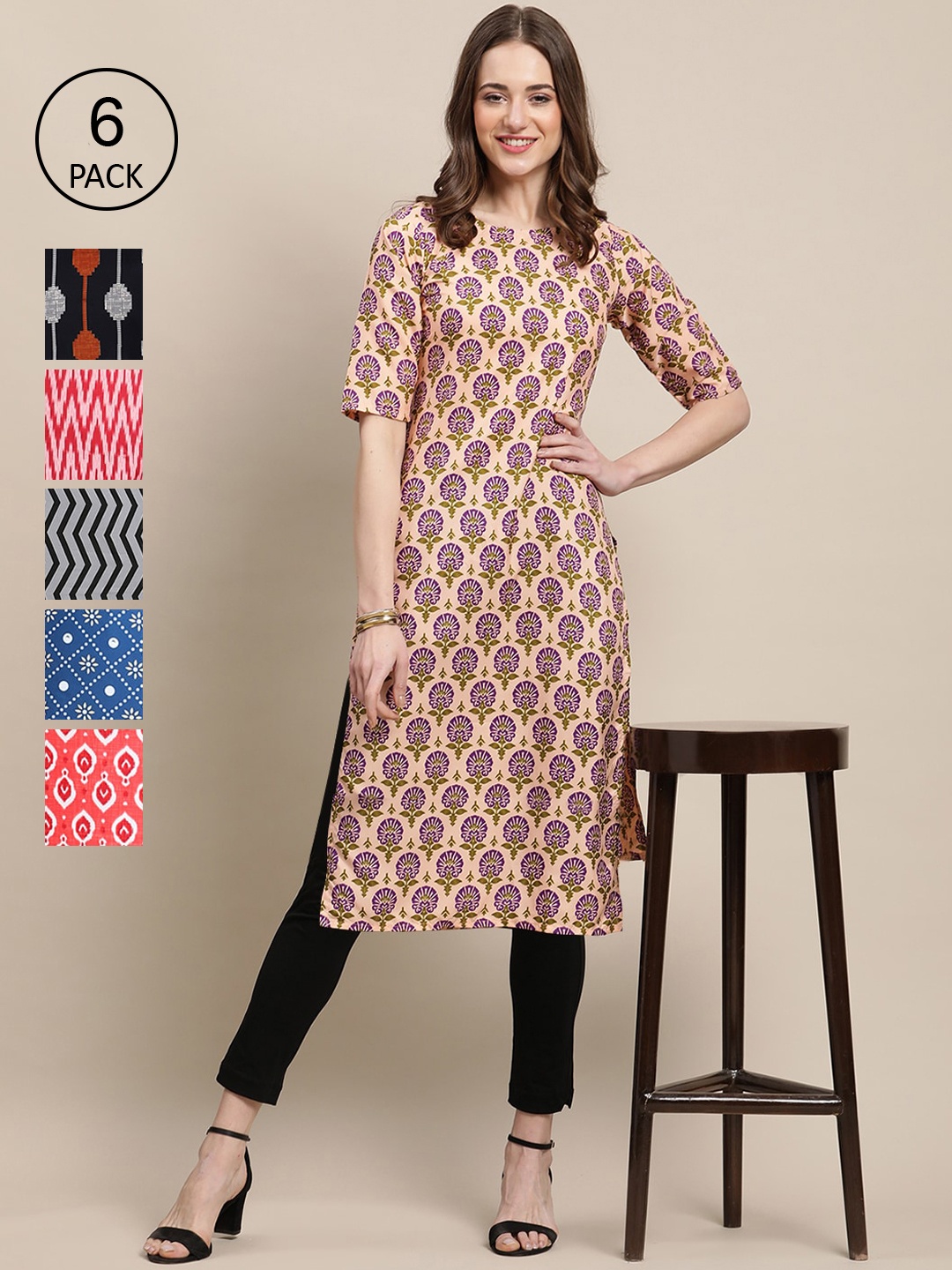 

Ethnic basket Women Multicoloured Pack of 6 Ethnic Motifs Printed Crepe Kurta, Multi
