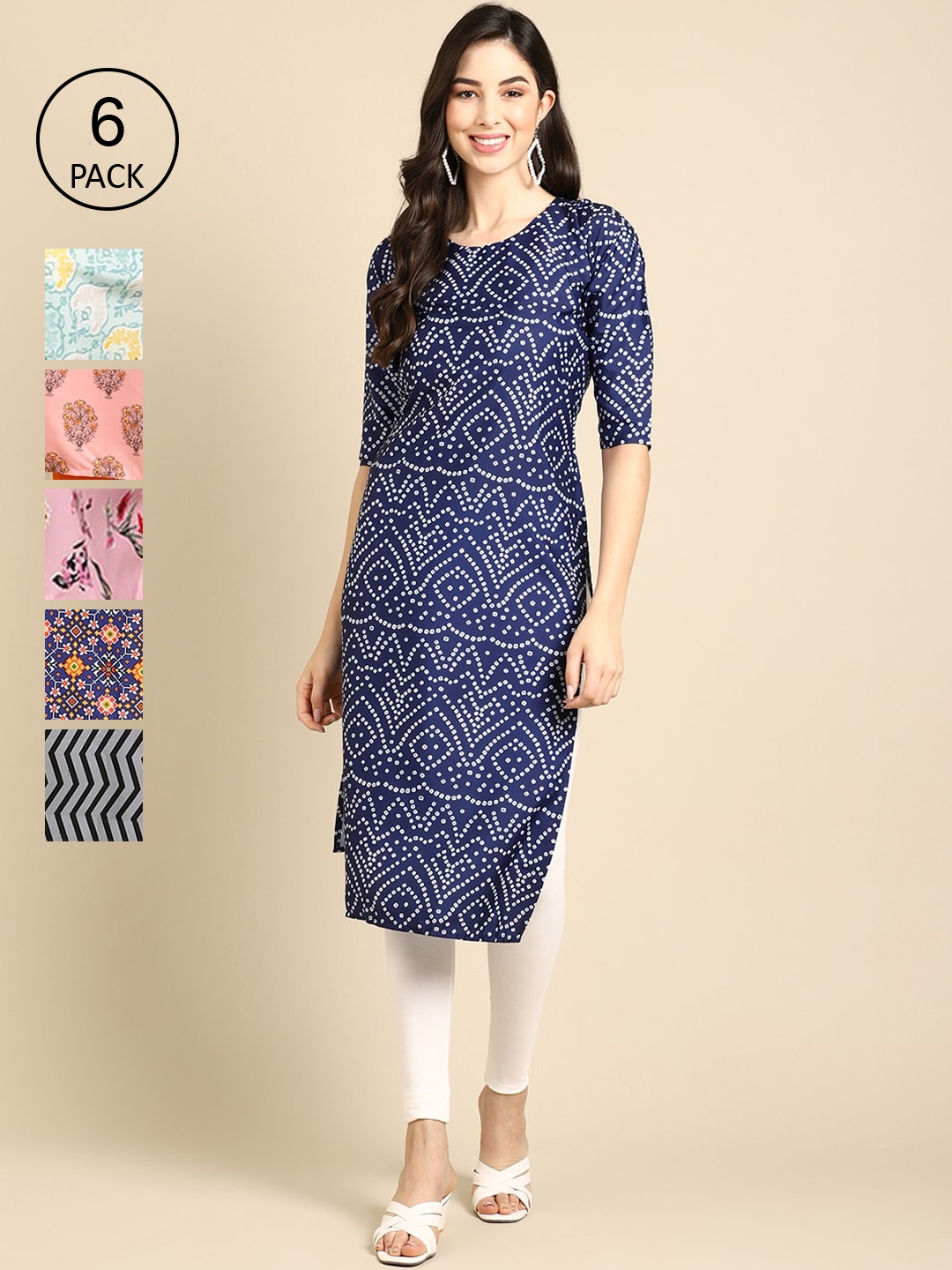 

Ethnic basket Women Multicoloured Pack of 6 Floral Printed Crepe Kurta, Multi
