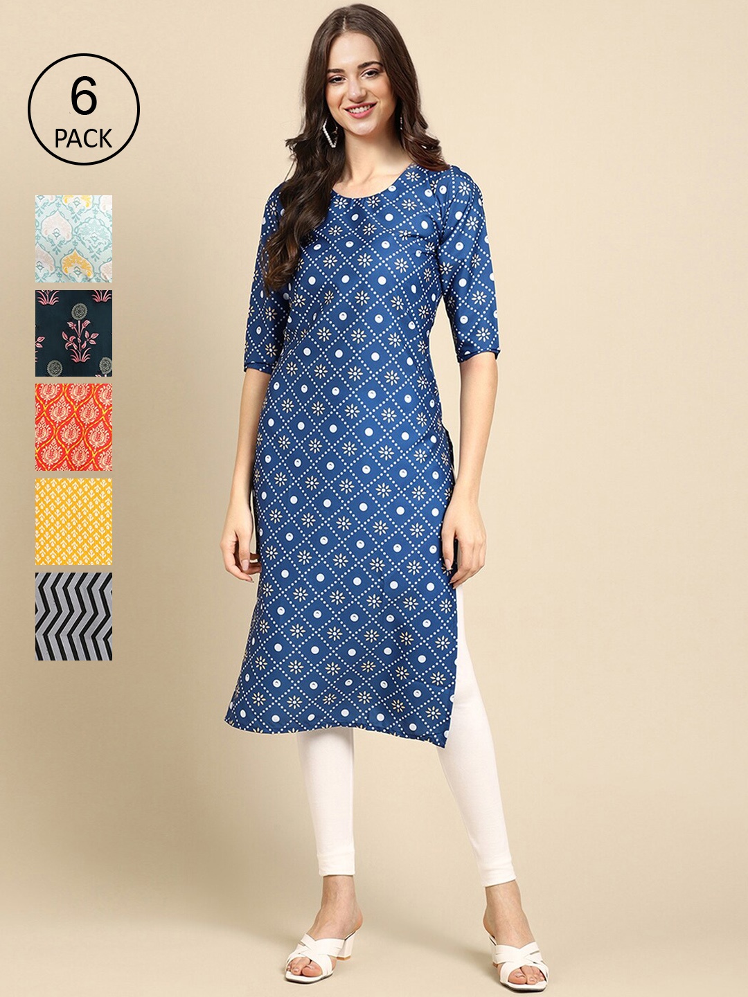 

Ethnic basket Women Blue And White Printed Summer Sheers Crepe Kurta [PACK OF 6]