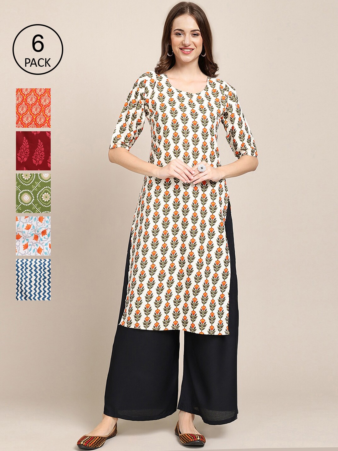 

Ethnic basket Women Pack Of 6 Geometric Printed Block Print Crepe Kurta, Cream