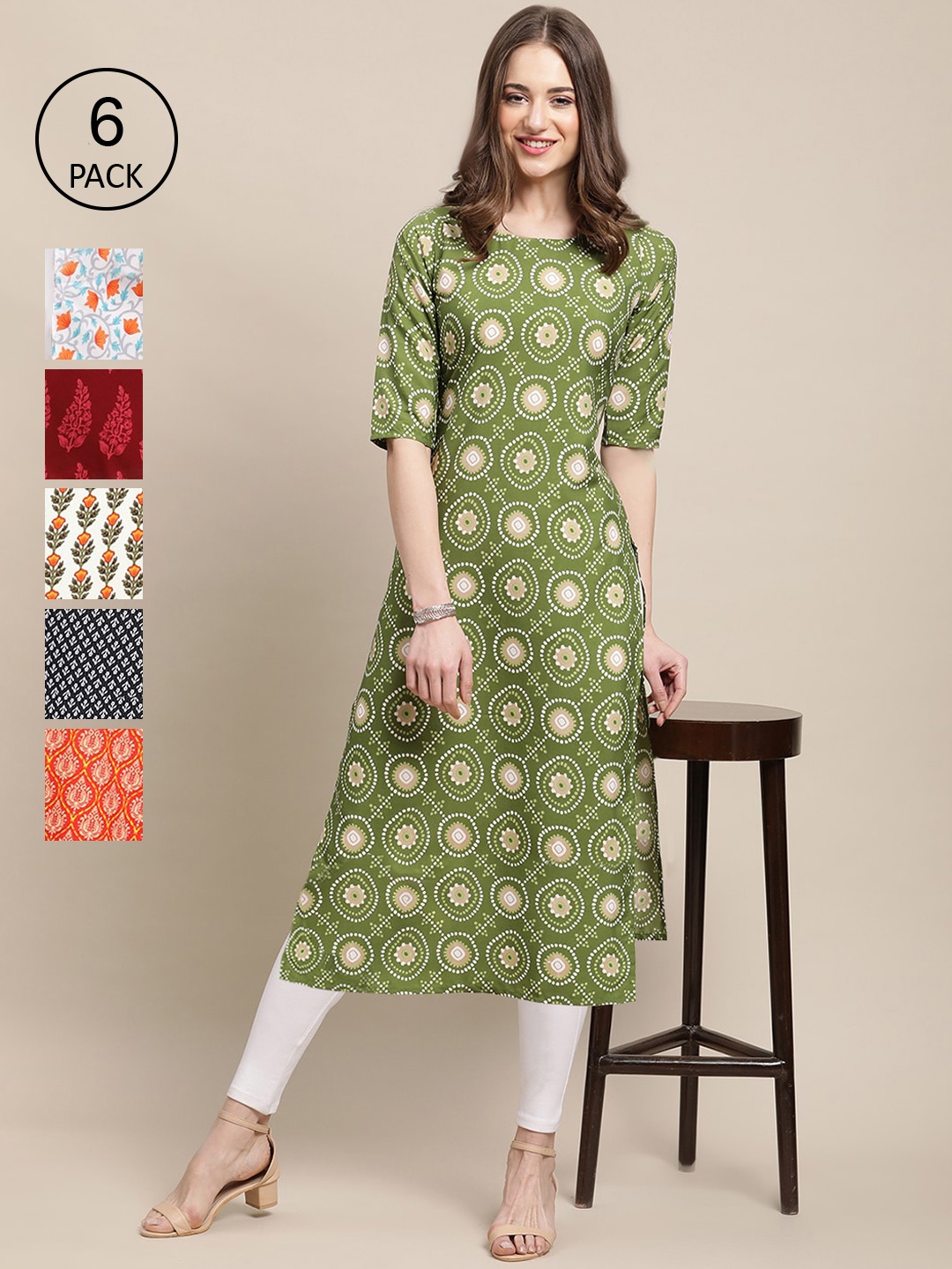 

Ethnic basket Women Pack Of 6 Ethnic Motifs Printed Crepe Kurta, Green