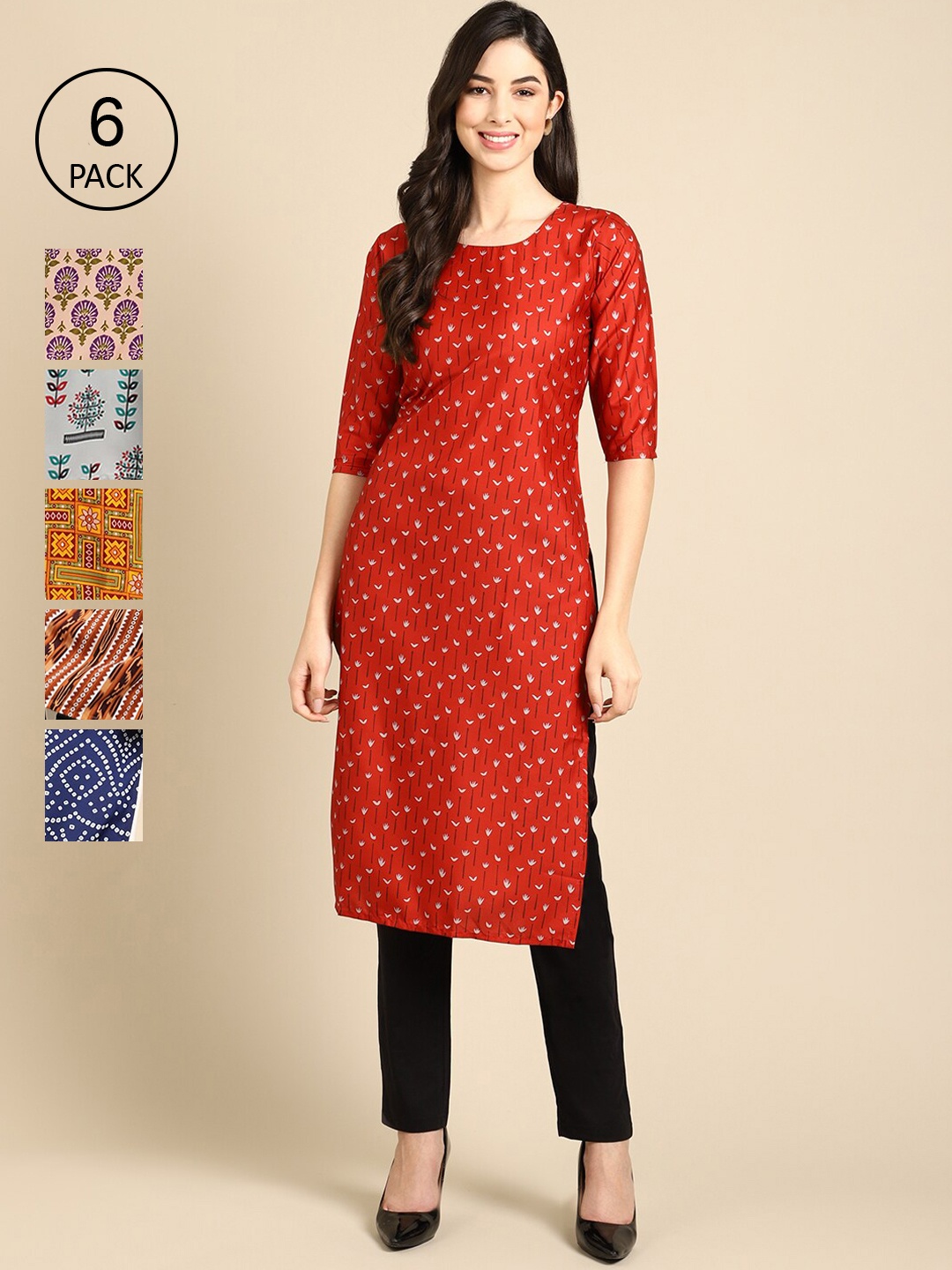 

Ethnic basket Women Pack Of 6 Geometric Printed Block Print Crepe Kurta, Red