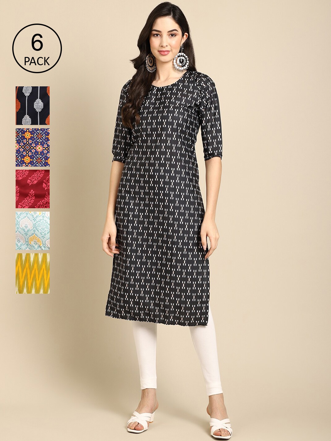 

Ethnic basket Women Black & Red Pack Of 6 Geometric Printed Summer Sheers Crepe Kurta