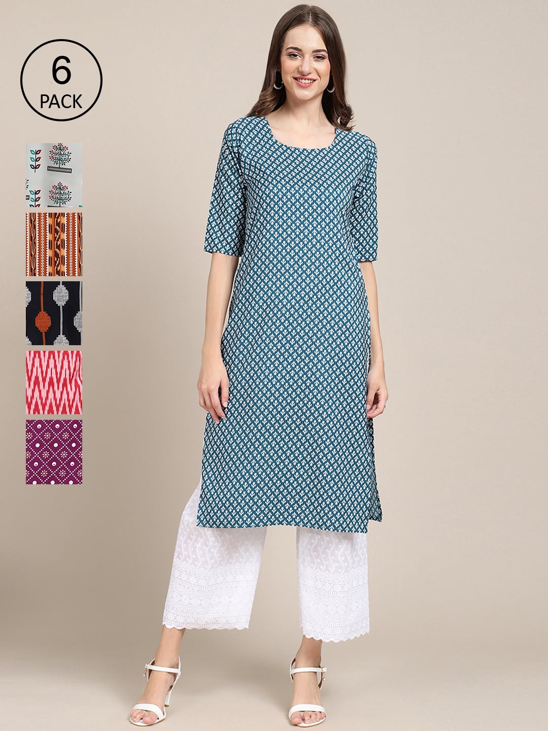 

Ethnic basket Women Blue And White Geometric Striped Kurta [PACK OF 6]
