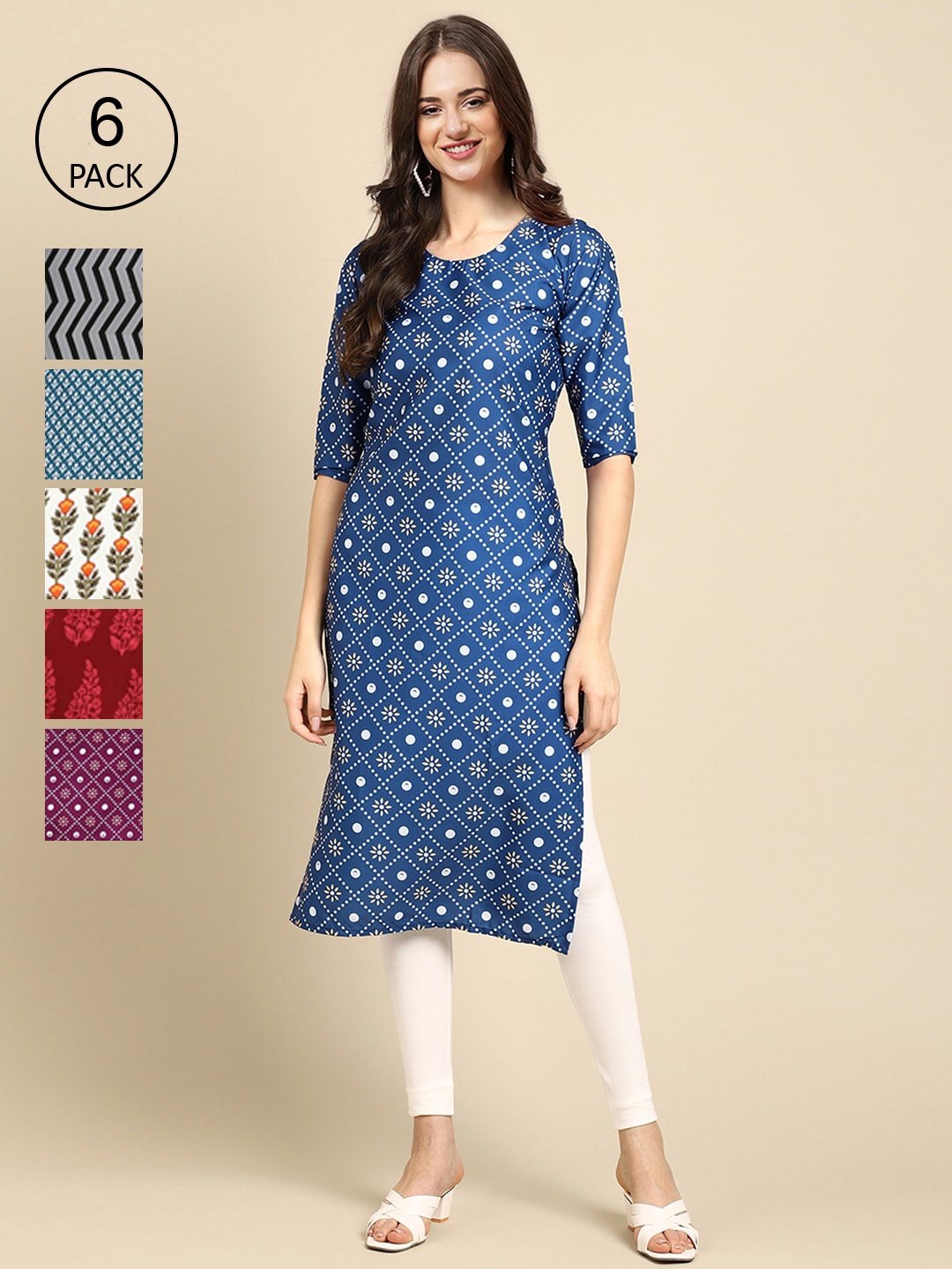 

Ethnic basket Women Pack of 6 Digital Printed Crepe Straight Kurtas, Blue