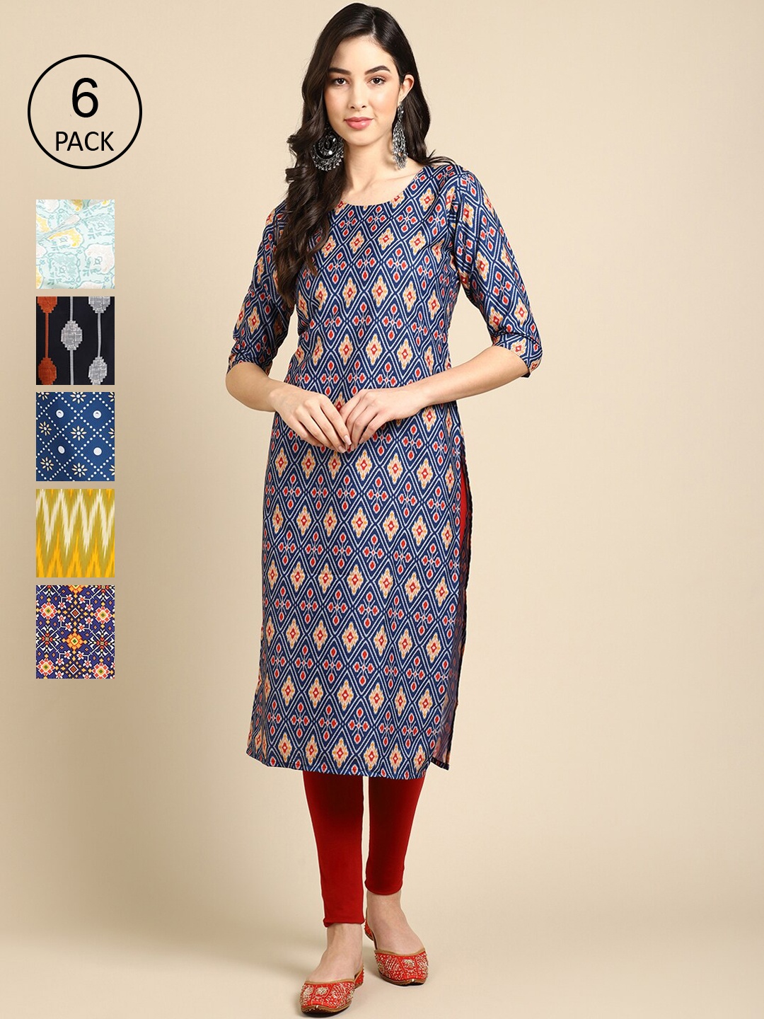 

Ethnic basket Women Pack Of 6 Ethnic Motifs Printed Summer Sheers Crepe Kurta, Blue