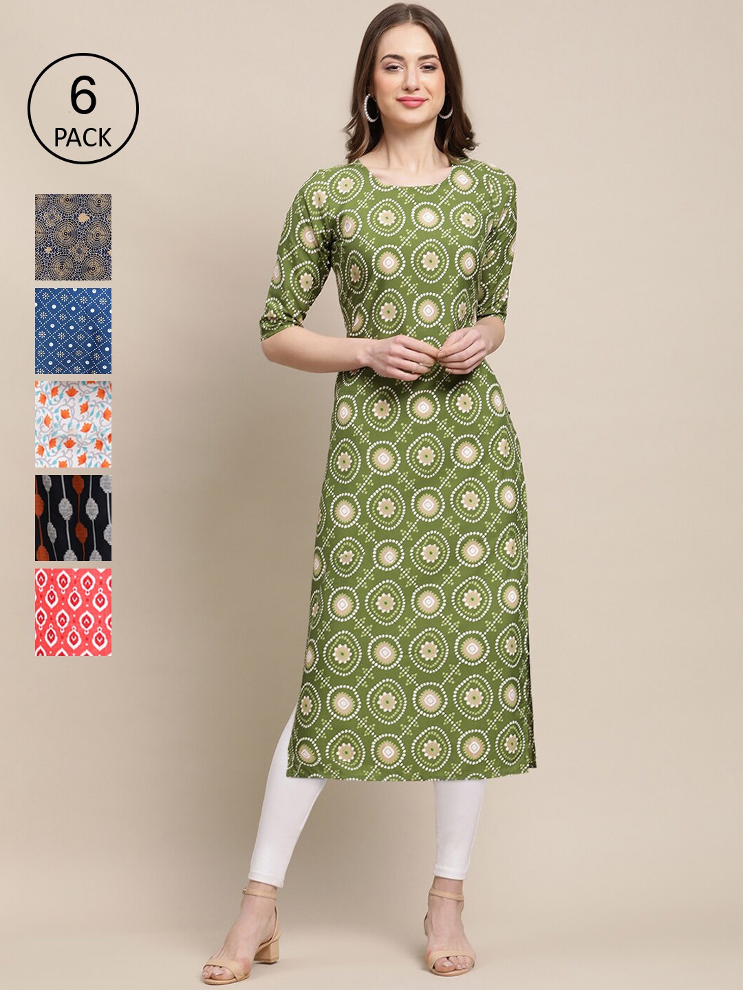 

Ethnic basket Women Pack Of 6 Summer Sheers Crepe Kurta, Green