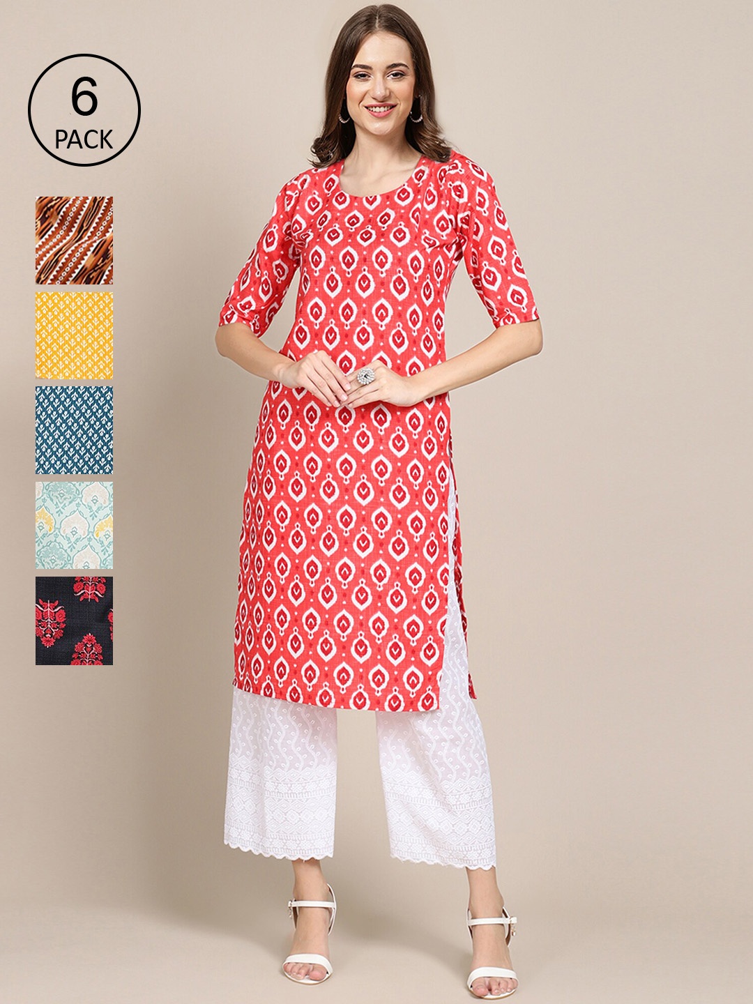 

Ethnic basket Women Pack Of 6 Geometric Printed Summer Sheers Crepe Kurta, Red