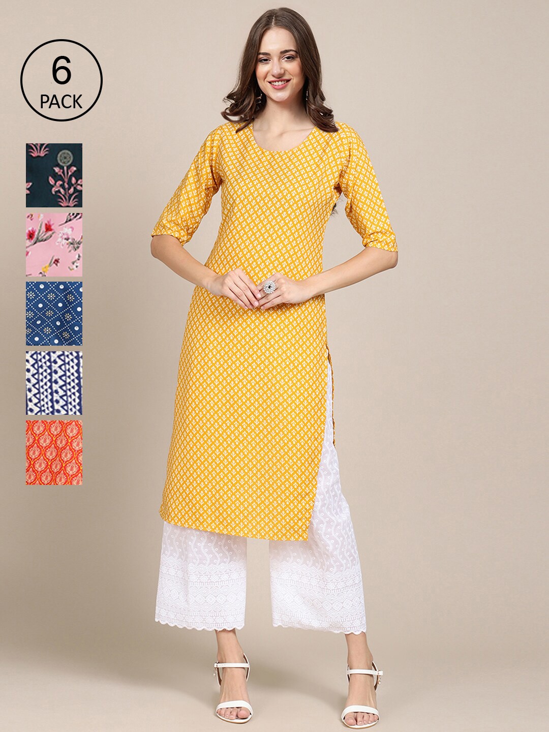 

Ethnic basket Women Pack of 6 Printed Summer Sheers Crepe Kurta, Yellow