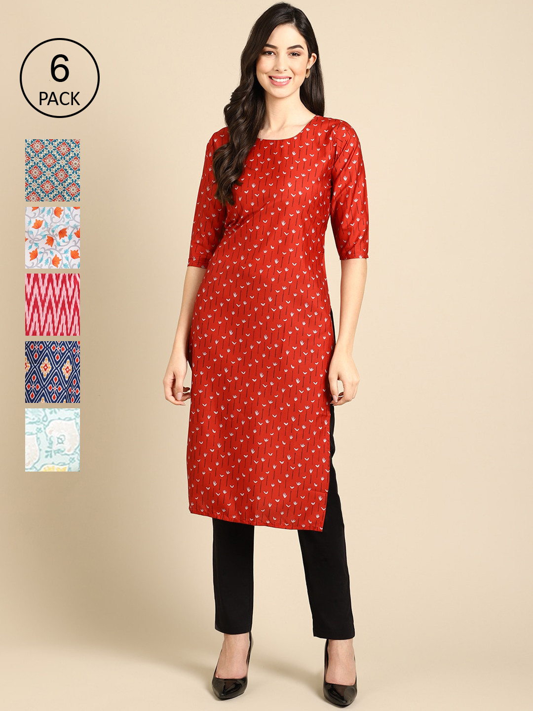 

Ethnic basket Women Pack of 6 Printed Crepe Kurtas, Multi