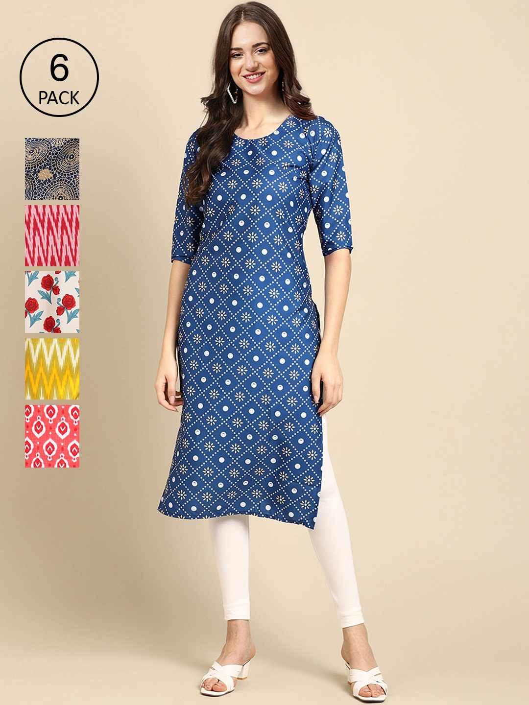 

Ethnic basket Women Pack of 6 Ethnic Motifs Crepe Kurta, Blue