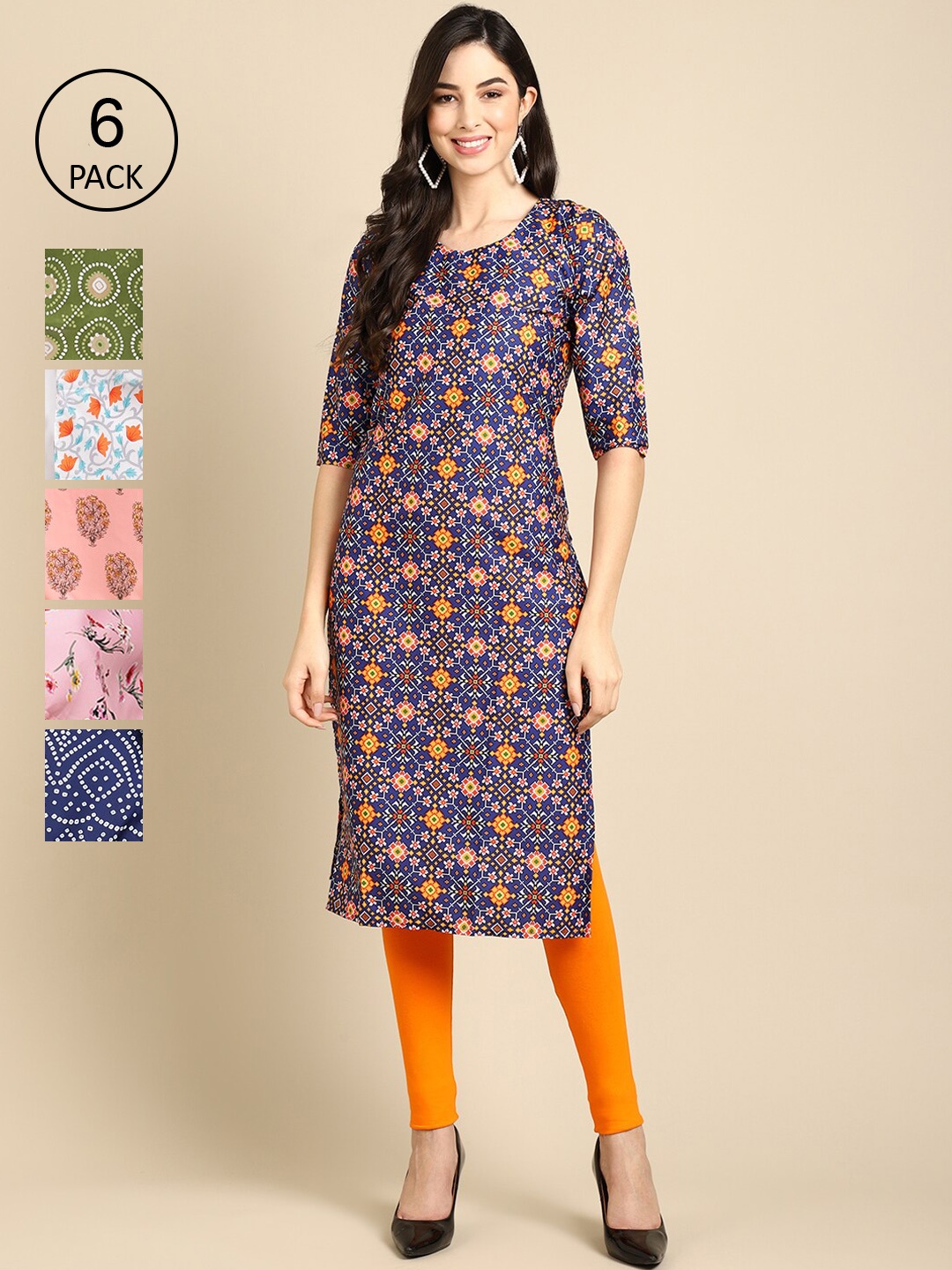 

Ethnic basket Women Pack of 6 Blue & Green Ethnic Motifs Printed Crepe Kurta