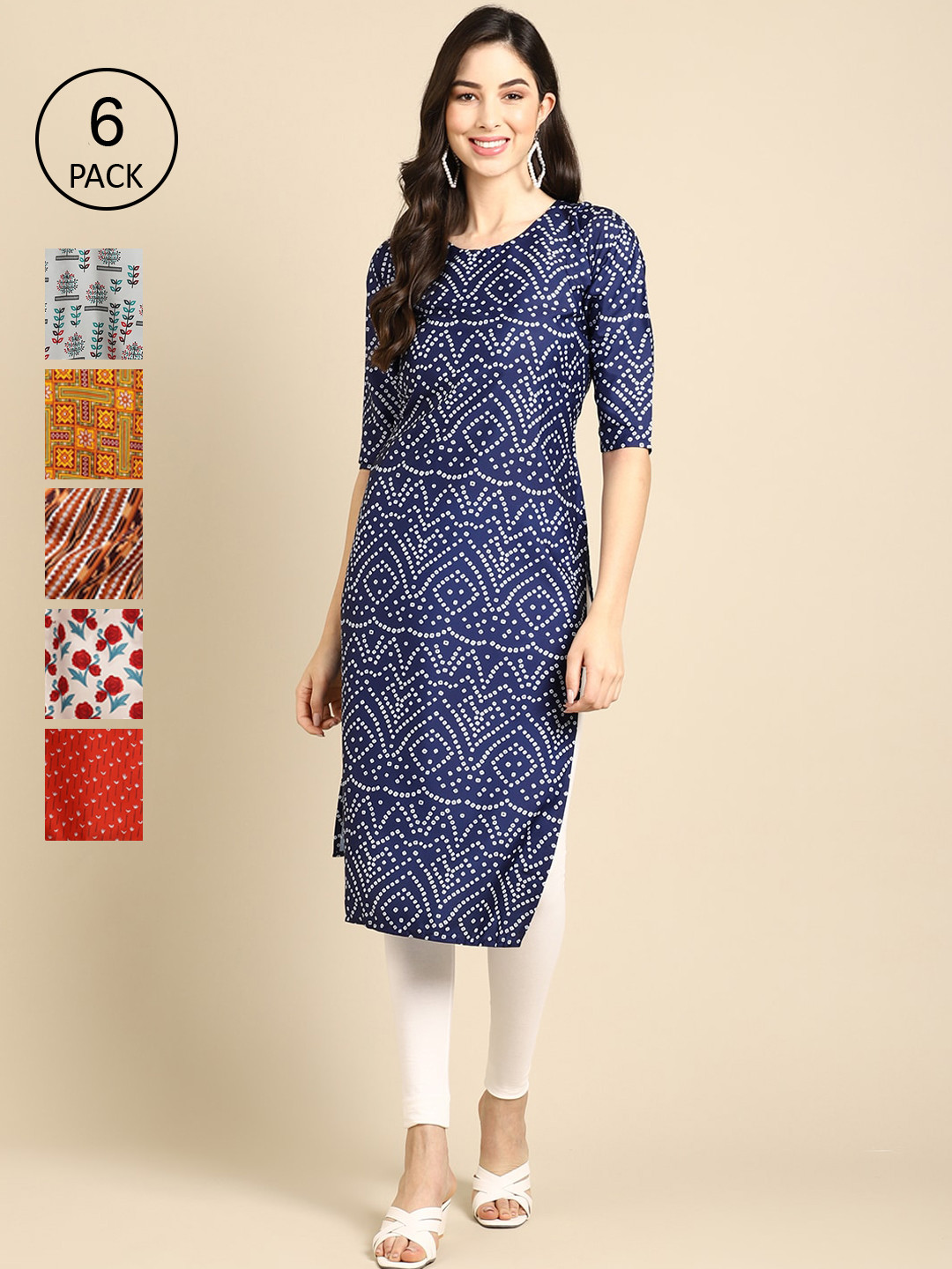 

Ethnic basket Women Pack of 6 Ethnic Motifs Printed Crepe Kurta, Blue