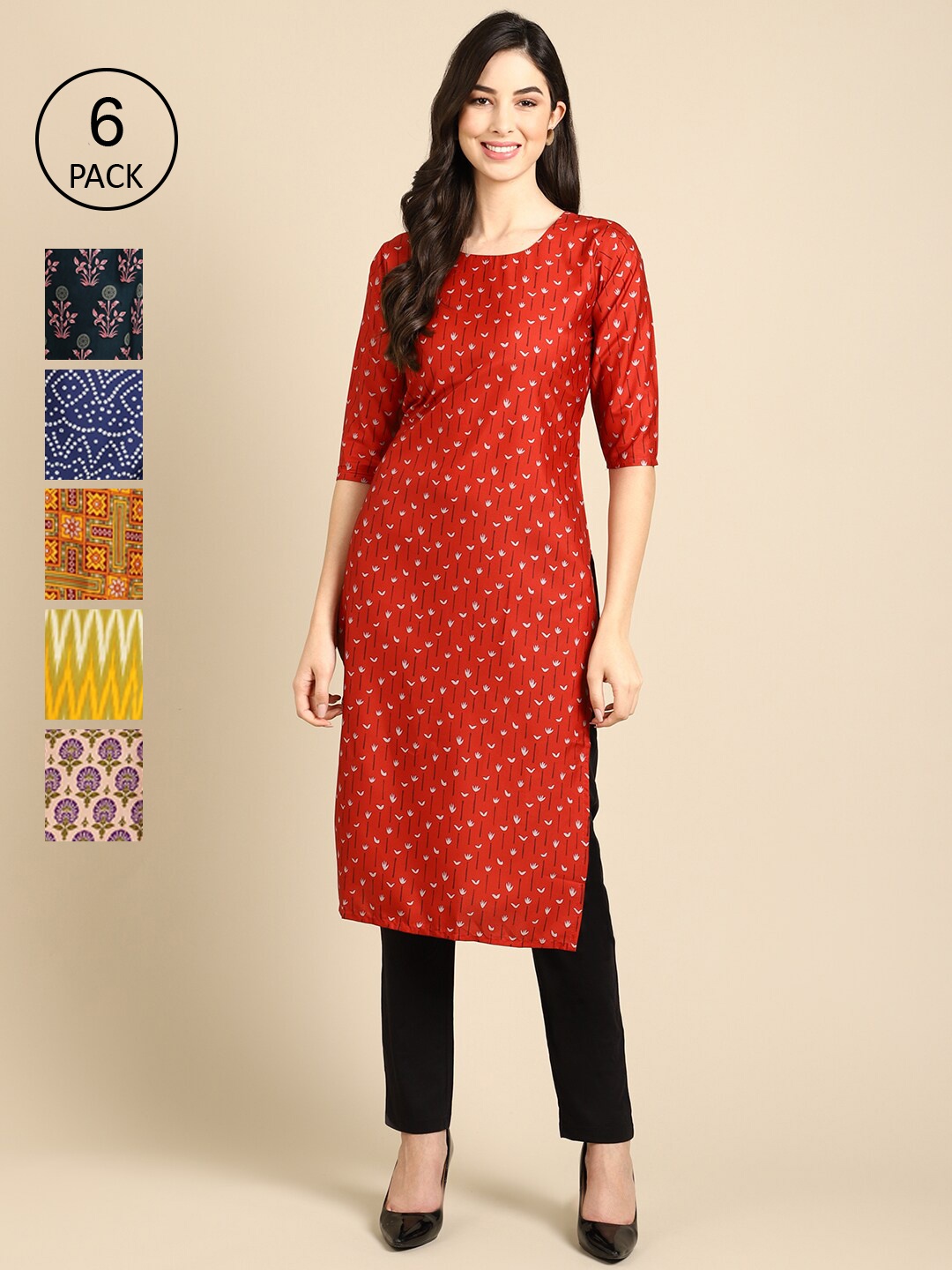 

Ethnic basket Women Pack Of 6 Ethnic Motifs Printed Crepe Kurta, Red