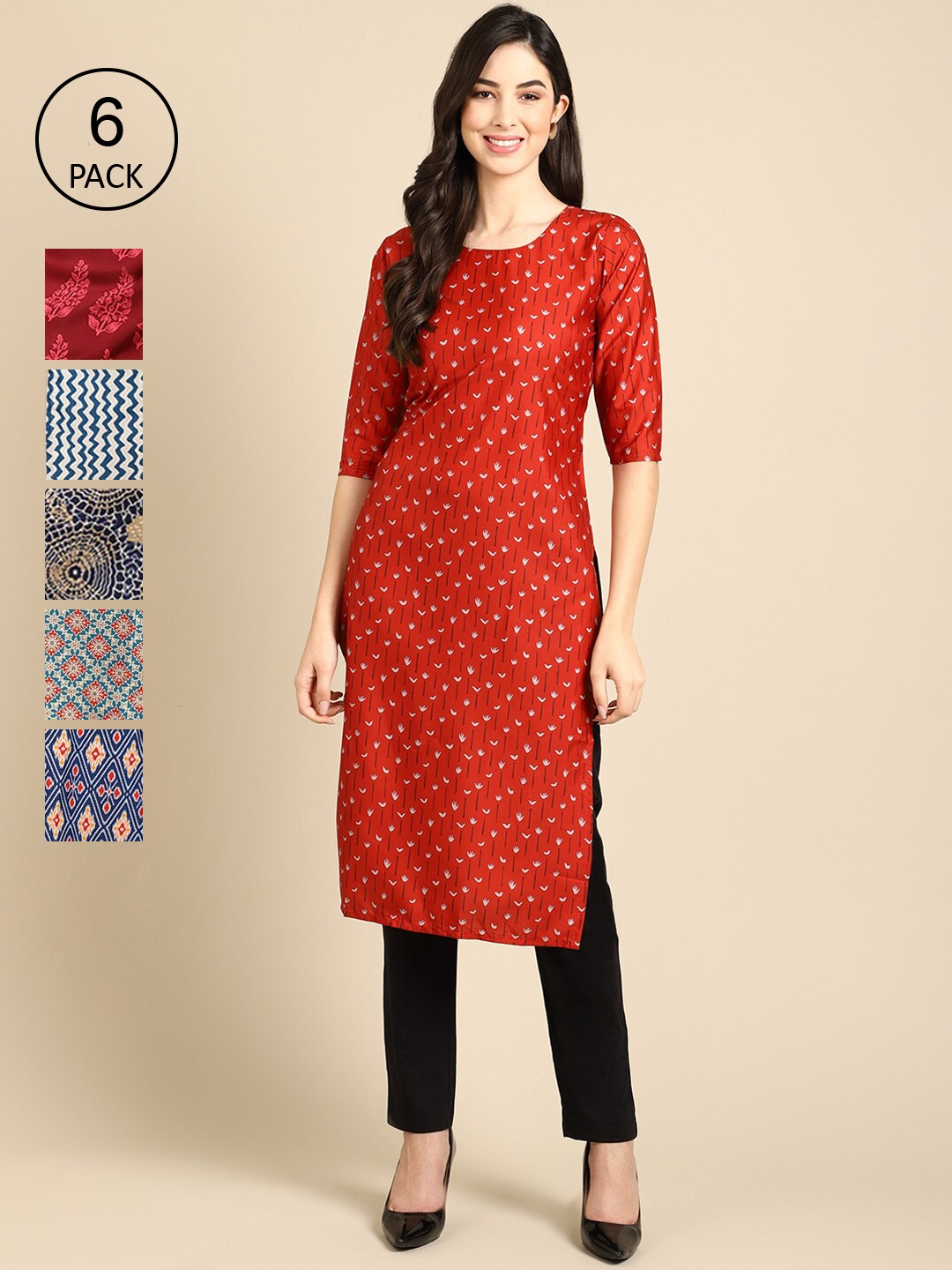 

Ethnic basket Women Pack of 6 Digital Printed Crepe Straight Kurtas, Red