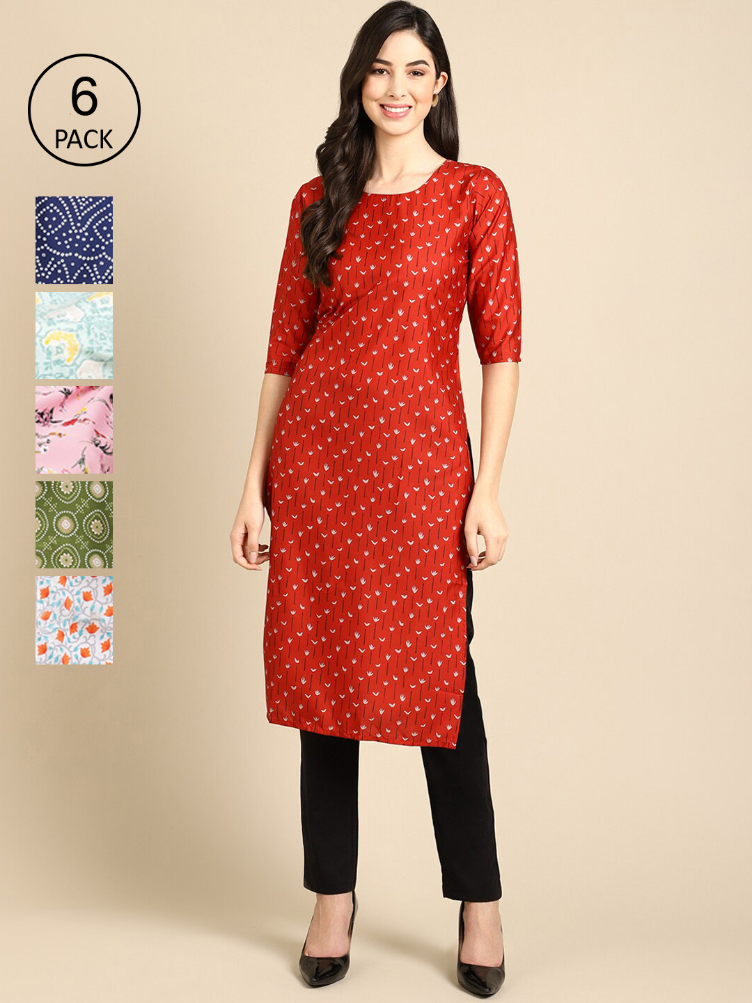 

Ethnic basket Women Pack of 6 Digital Printed Crepe Straight Kurtas, Red