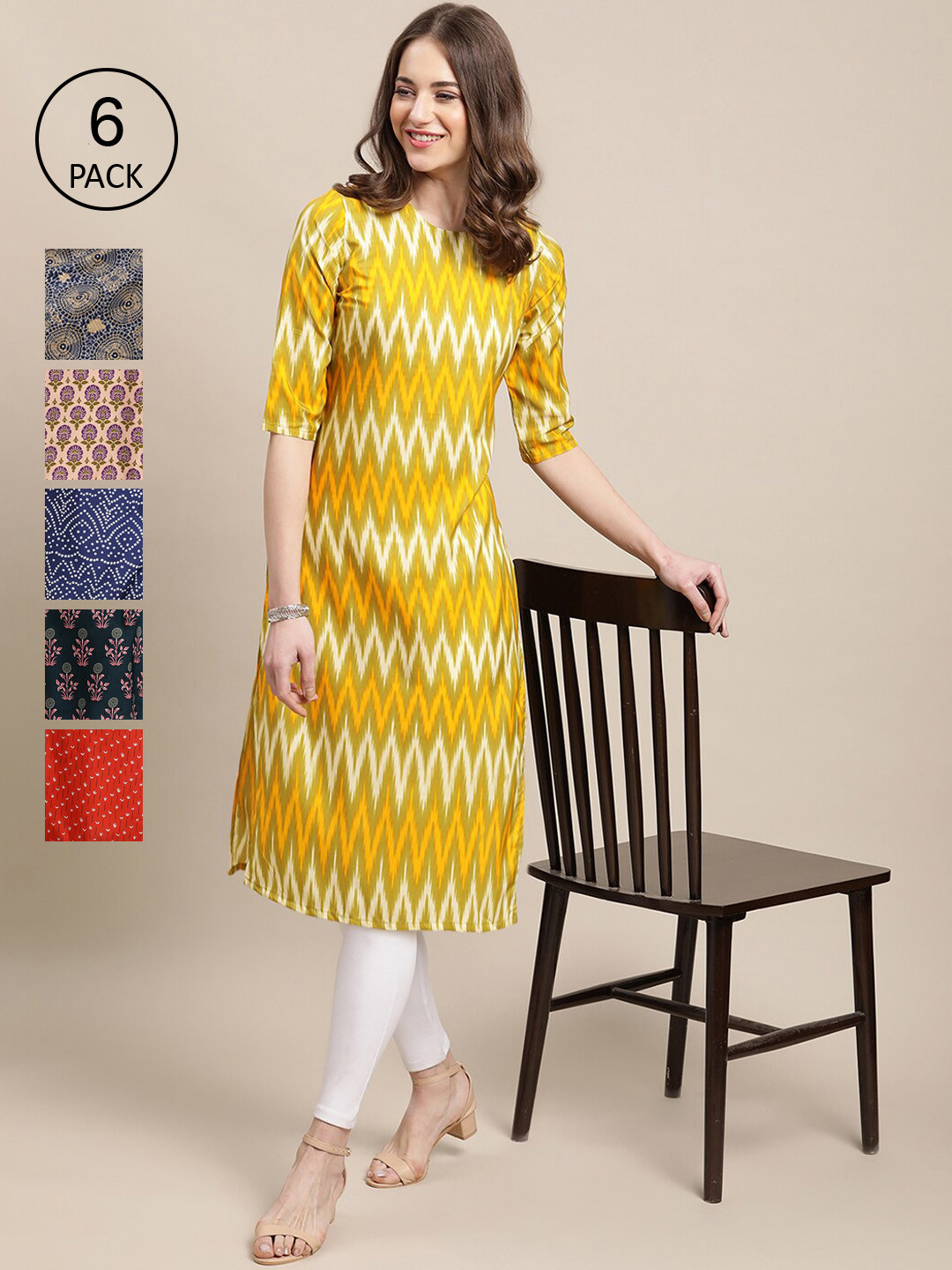 

Ethnic basket Women Pack Of 6 Multicoloured Geometric Printed Crepe Kurta, Multi