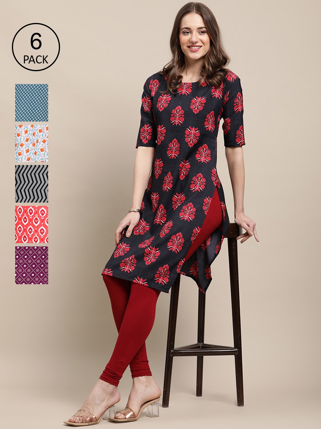 

Ethnic basket Women Pack Of 6 Printed Summer Sheers Crepe Kurta, Navy blue
