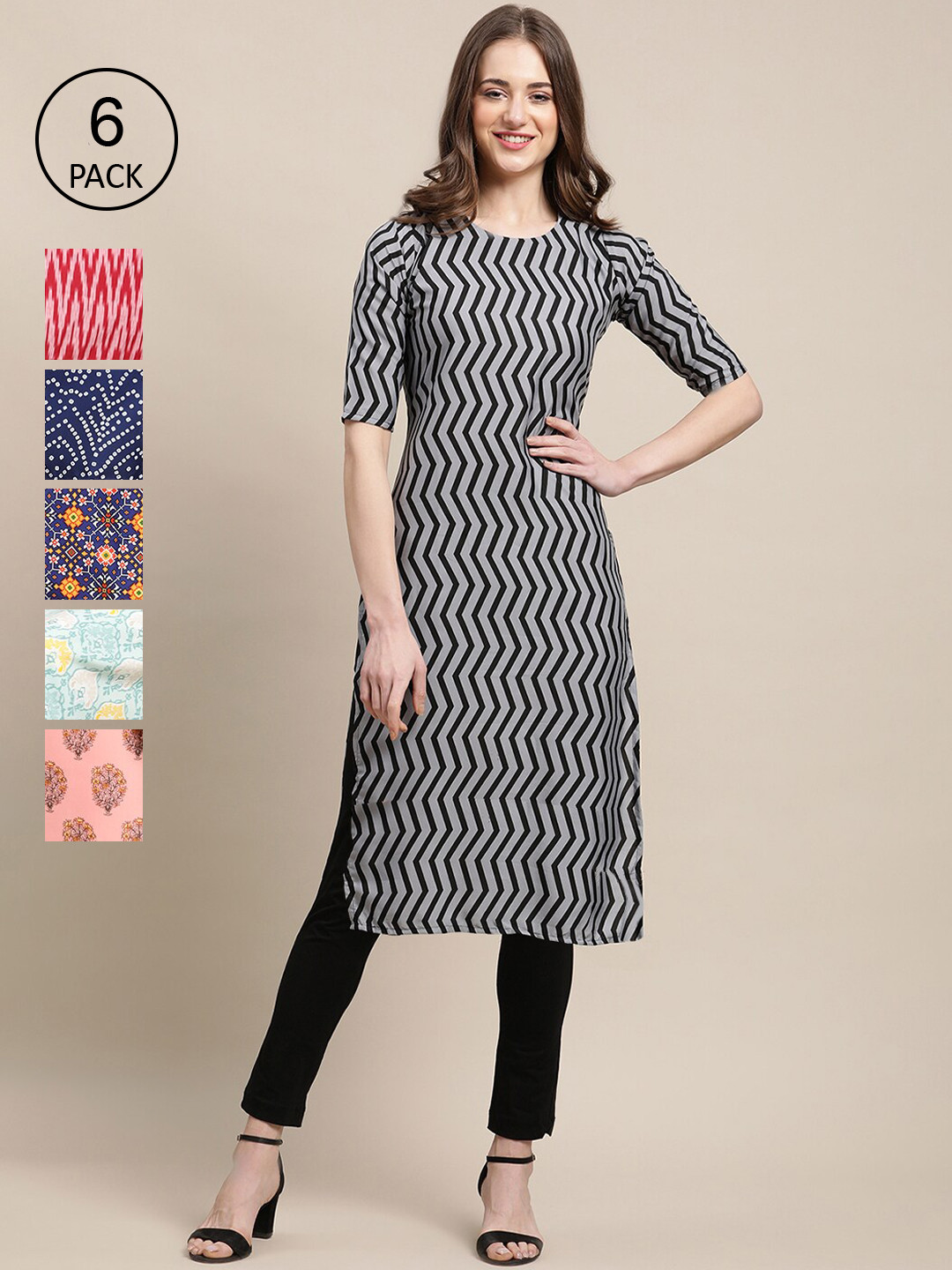 

Ethnic basket Women Pack of 6 Women Printed Straight Crepe Kurta, Multi