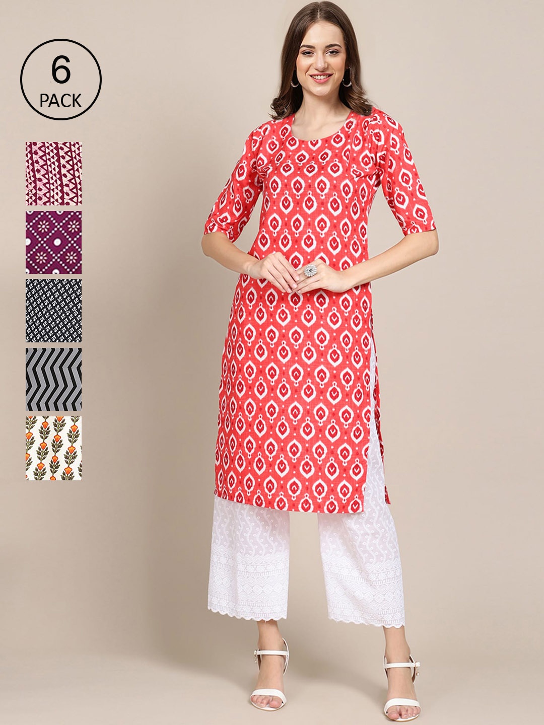 

Ethnic basket Women White and Red Printed Summer Sheers Crepe Kurta [PACK OF 6]