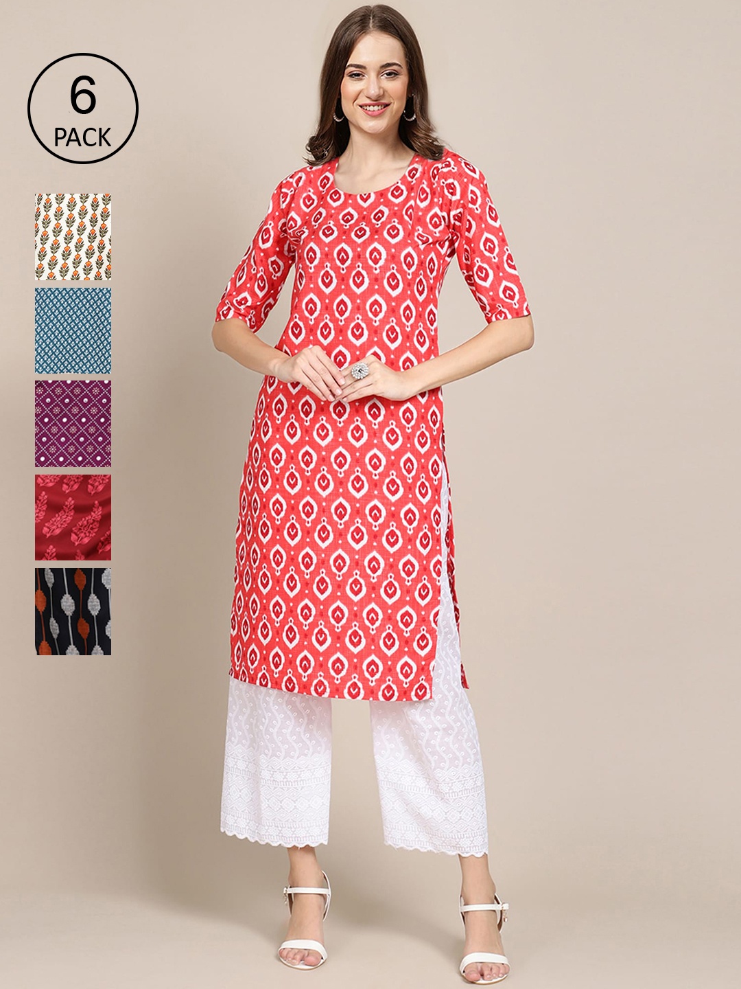 

Ethnic basket Women Pack of 6 Geometric Printed Summer Sheers Crepe Kurta, Red