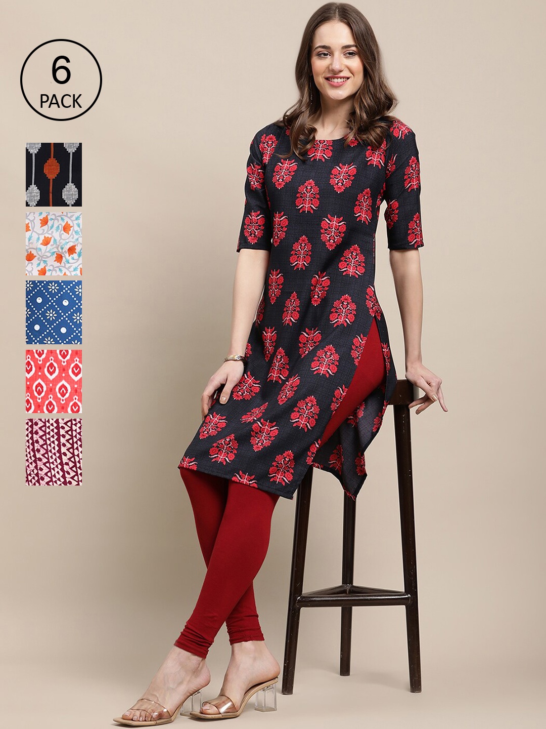 

Ethnic basket Women Pack of 6 Digital Printed Crepe Straight Kurtas, Red