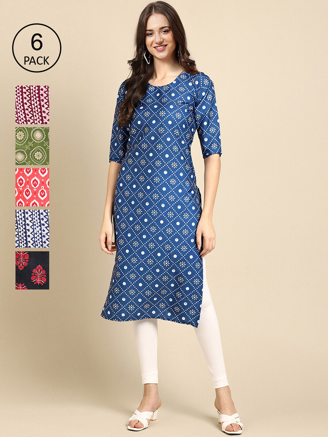 

Ethnic basket Women Pack of 6 Geometric Printed Crepe Kurta, Blue