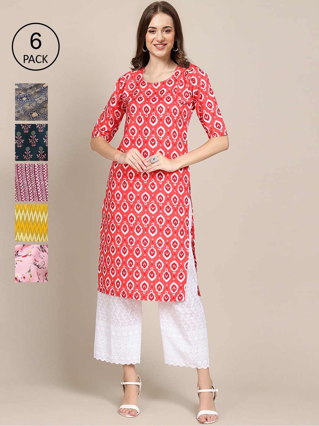 

Ethnic basket Women Pack of 6 Geometric Printed Summer Sheers Crepe Kurta, Pink