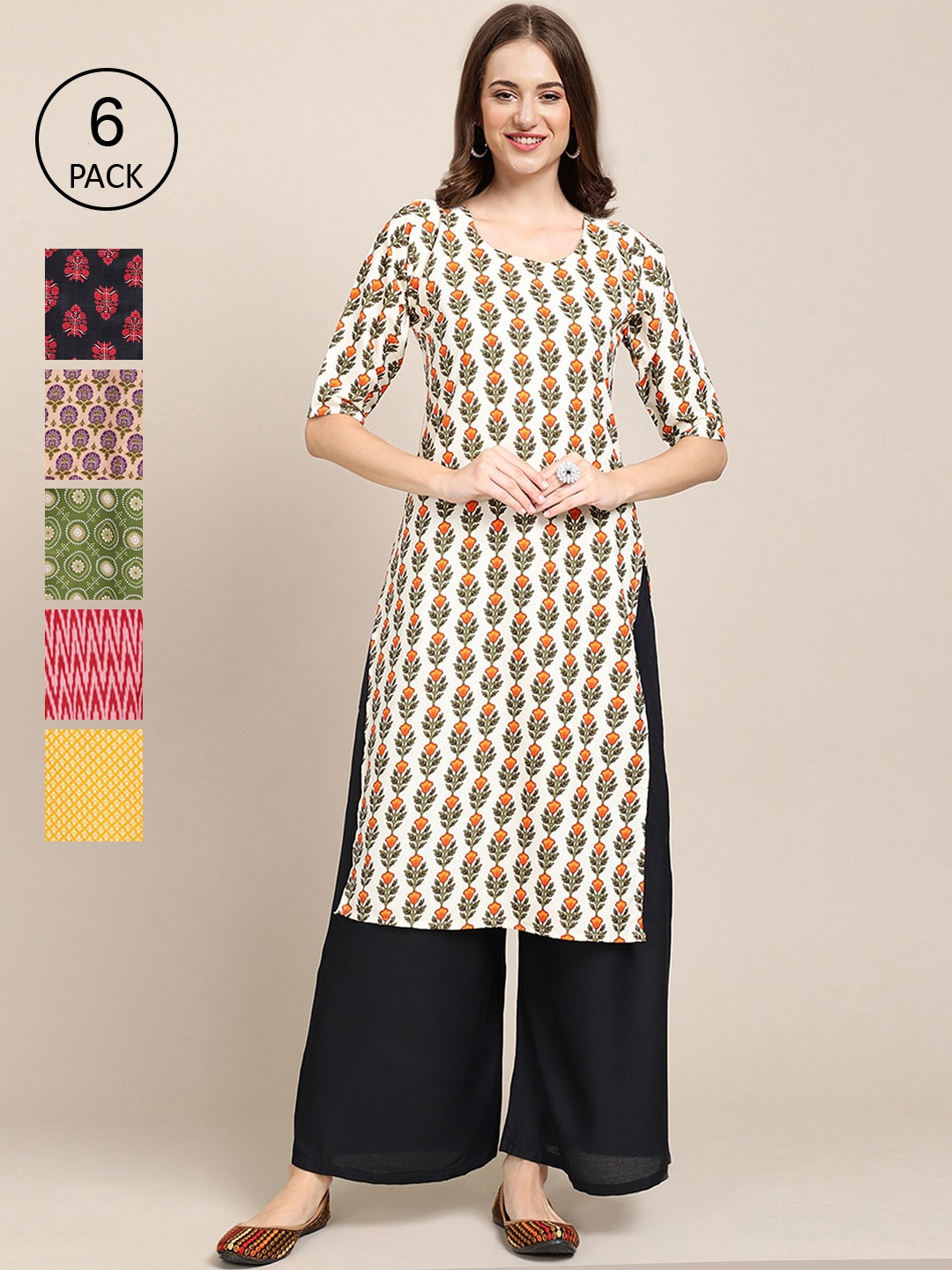 

Ethnic basket Women Pack of 6 Beige & Black Printed Crepe Kurta