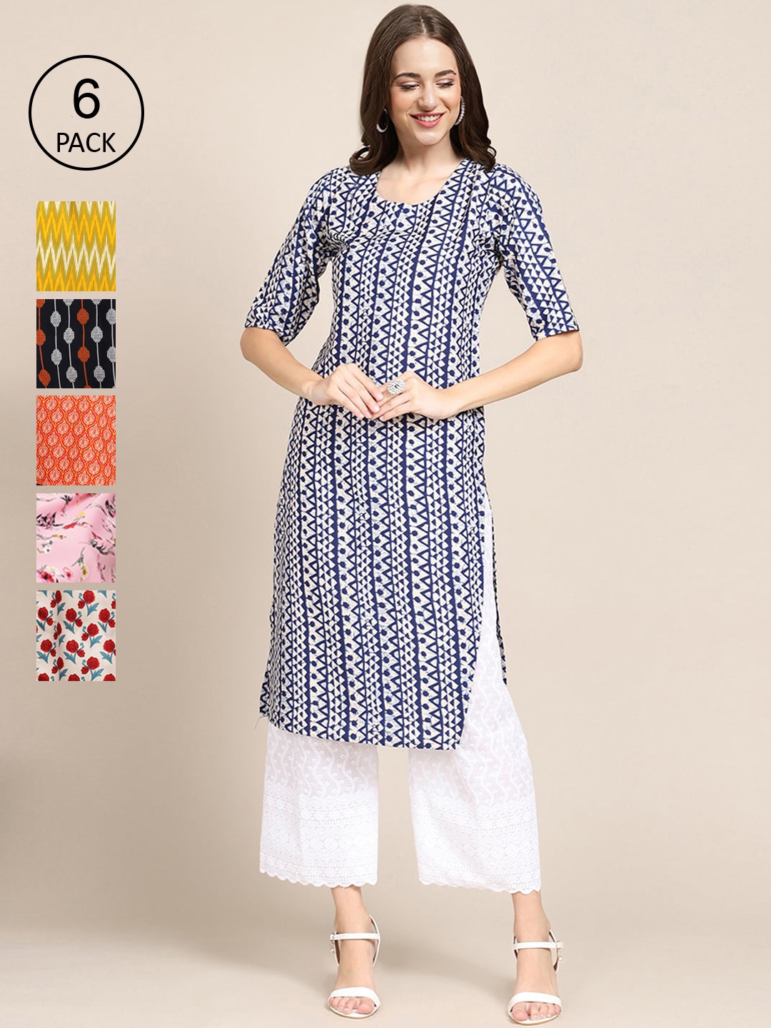 

Ethnic basket Women Pack Of 6 Summer Sheers Crepe Kurta, Pink