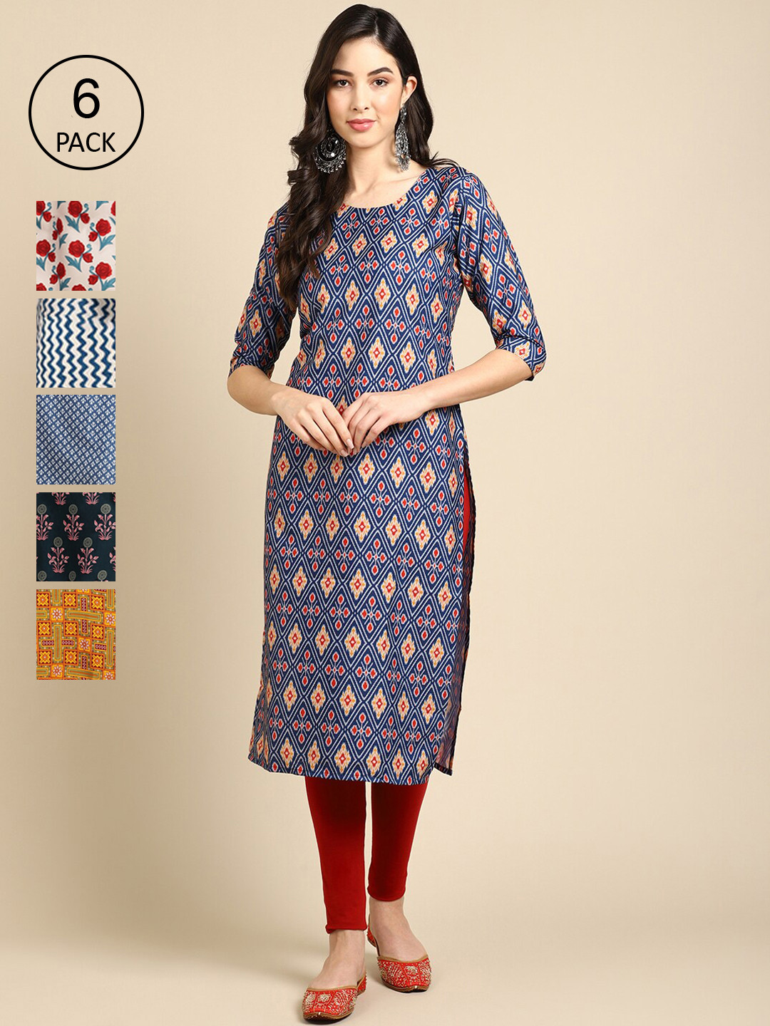 

Ethnic basket Women Pack of 6 Ethnic Motifs Printed Crepe Kurta, Blue