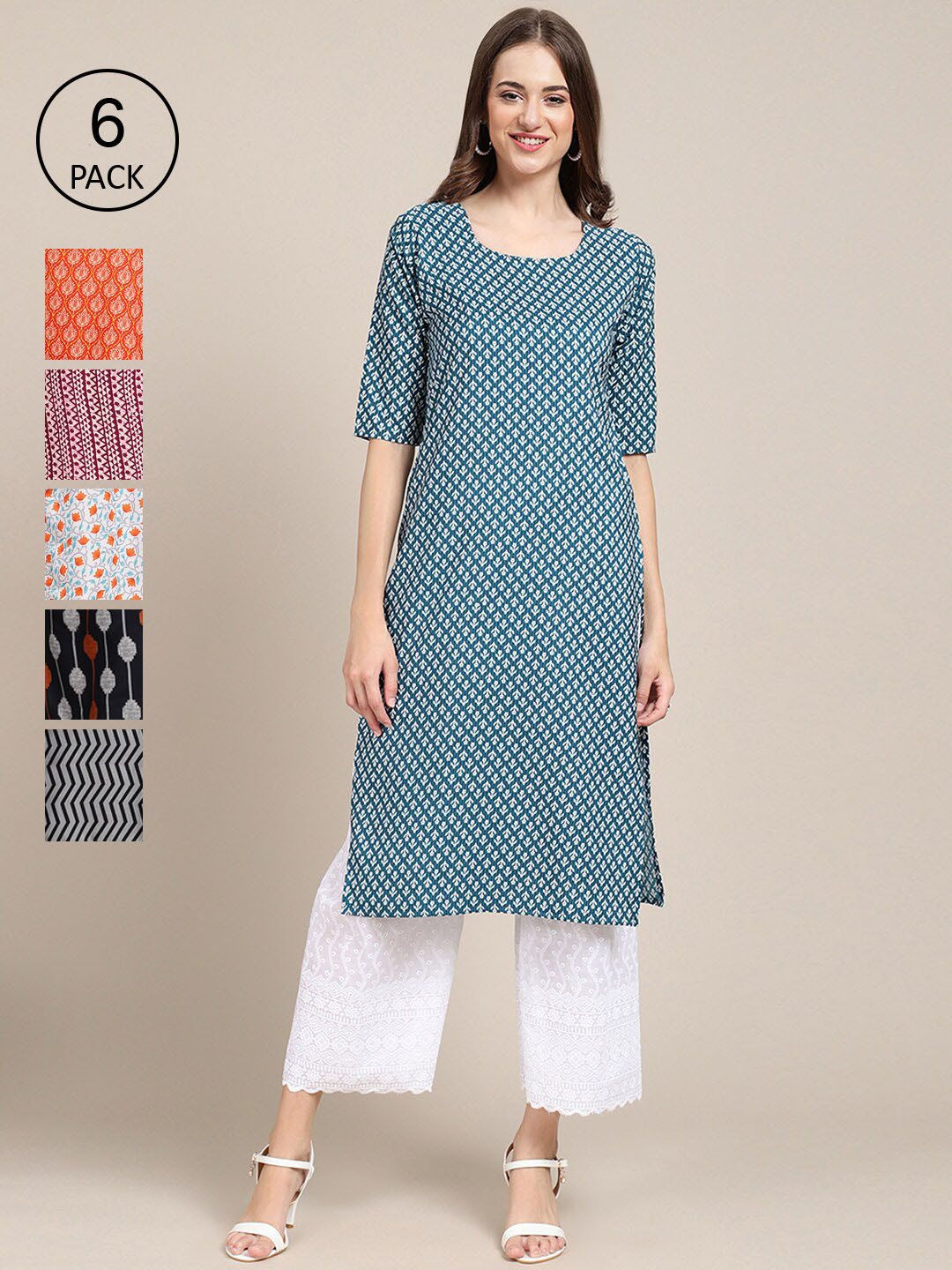 

Ethnic basket Women Blue & Orange Geometric Printed Crepe Kurta