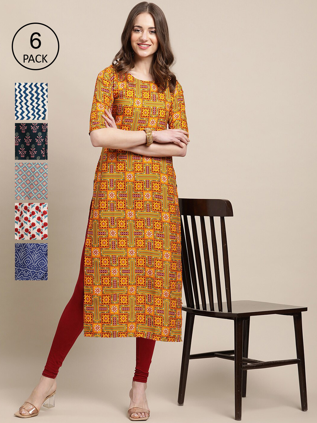 

Ethnic basket Women Pack of 6 Geometric Printed Crepe Kurta, Brown