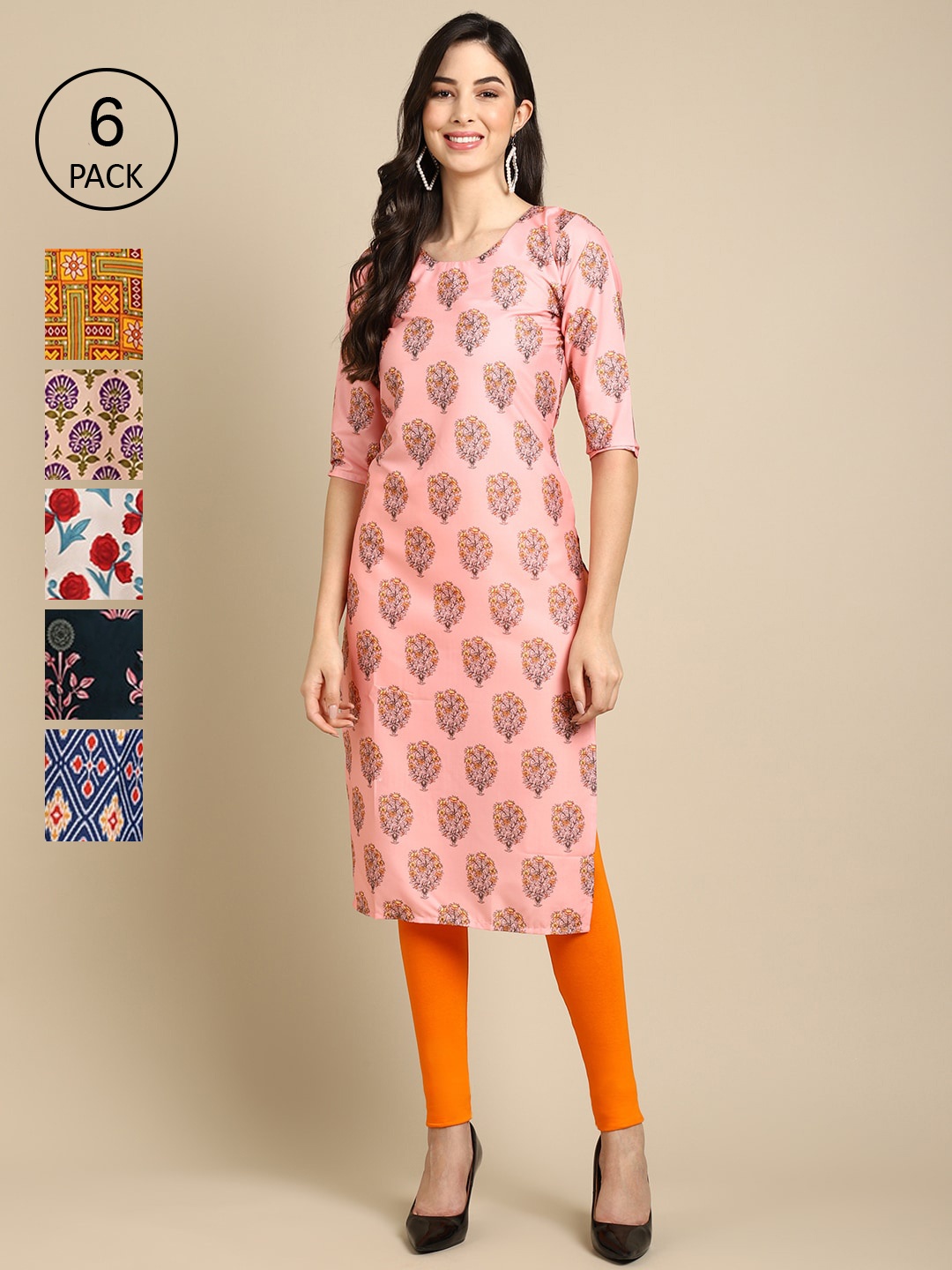

Ethnic basket Women Pink & Blue Pack Of 6 Geometric Printed Summer Sheers Crepe Kurta