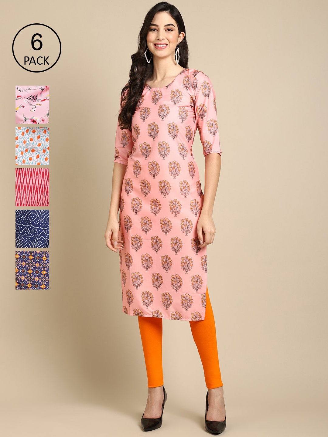 

Ethnic basket Women Pack of 6 Women Printed Straight Crepe Kurta, Multi