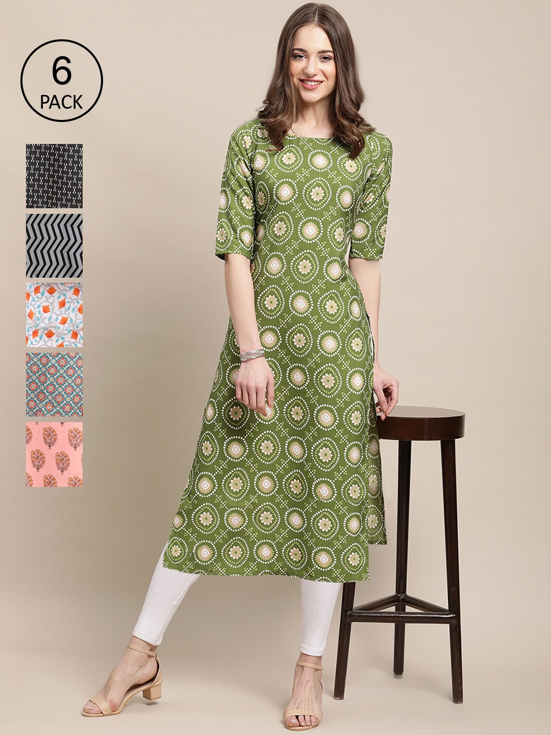 

Ethnic basket Women Pack of 6 Geometric Printed Block Print Crepe Kurta, Olive