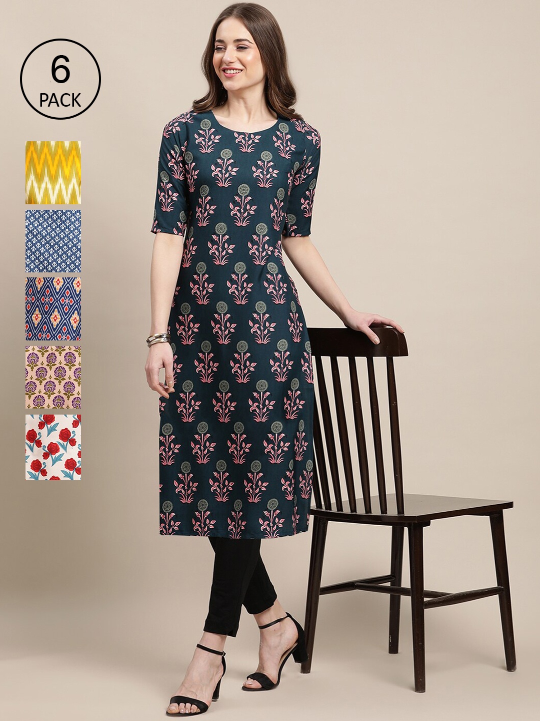 

Ethnic basket Pack of 6 Women Green & Blue Floral Printed Summer Sheers Crepe Kurta