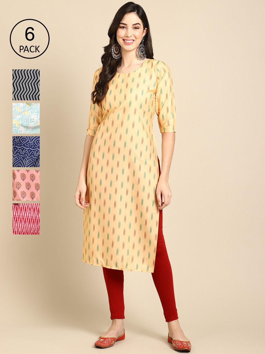 

Ethnic basket Women Pack of 6 Women Printed Straight Crepe Kurta, Multi