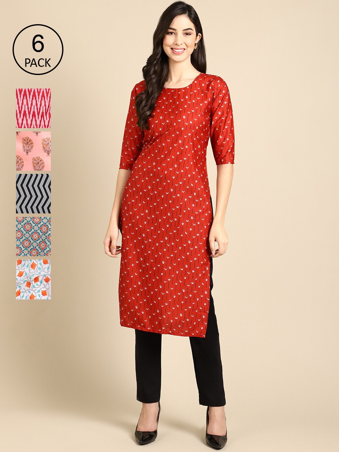 

Ethnic basket Women Pack of 6 printed Summer Sheers Crepe Kurta, Grey