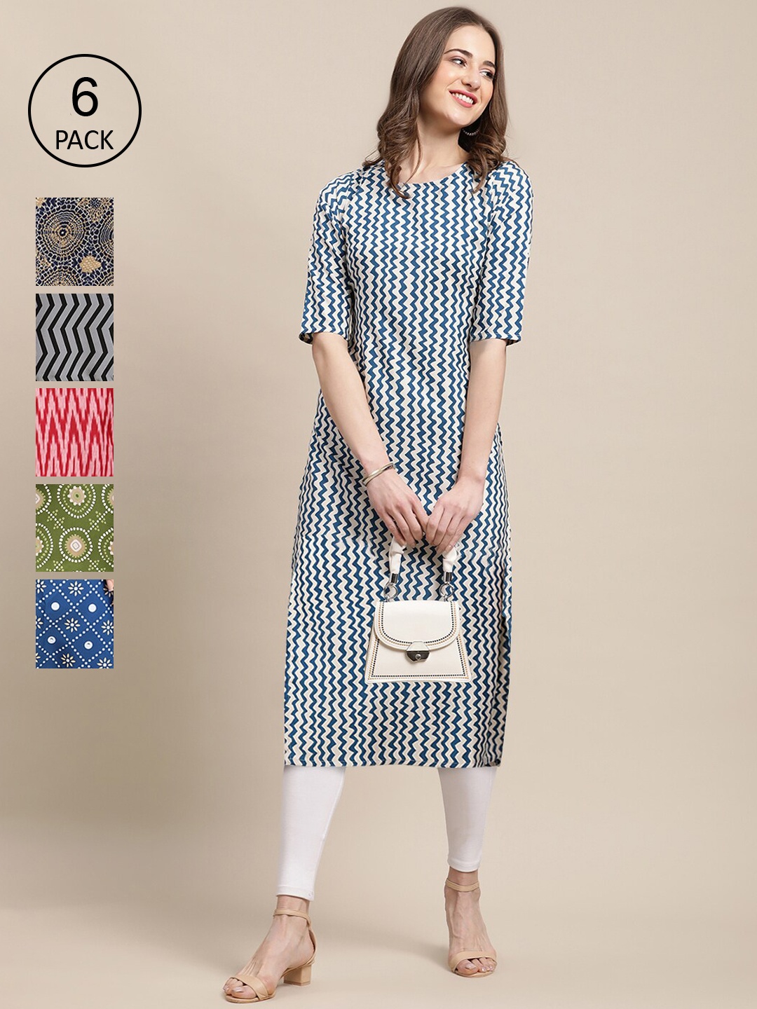 

Ethnic basket Women Pack Of 6 Geometric Printed Summer Sheers Crepe Kurta, Multi