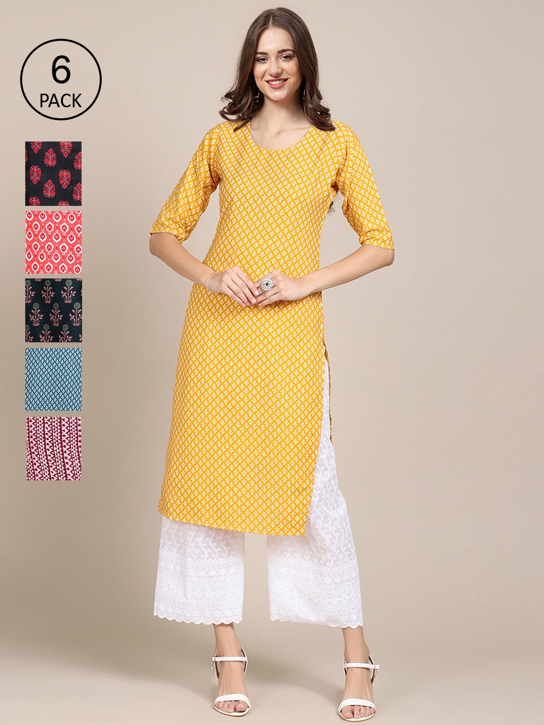 

Ethnic basket Women Pack Of 6 Ethnic Motifs Printed Crepe Kurta, Multi