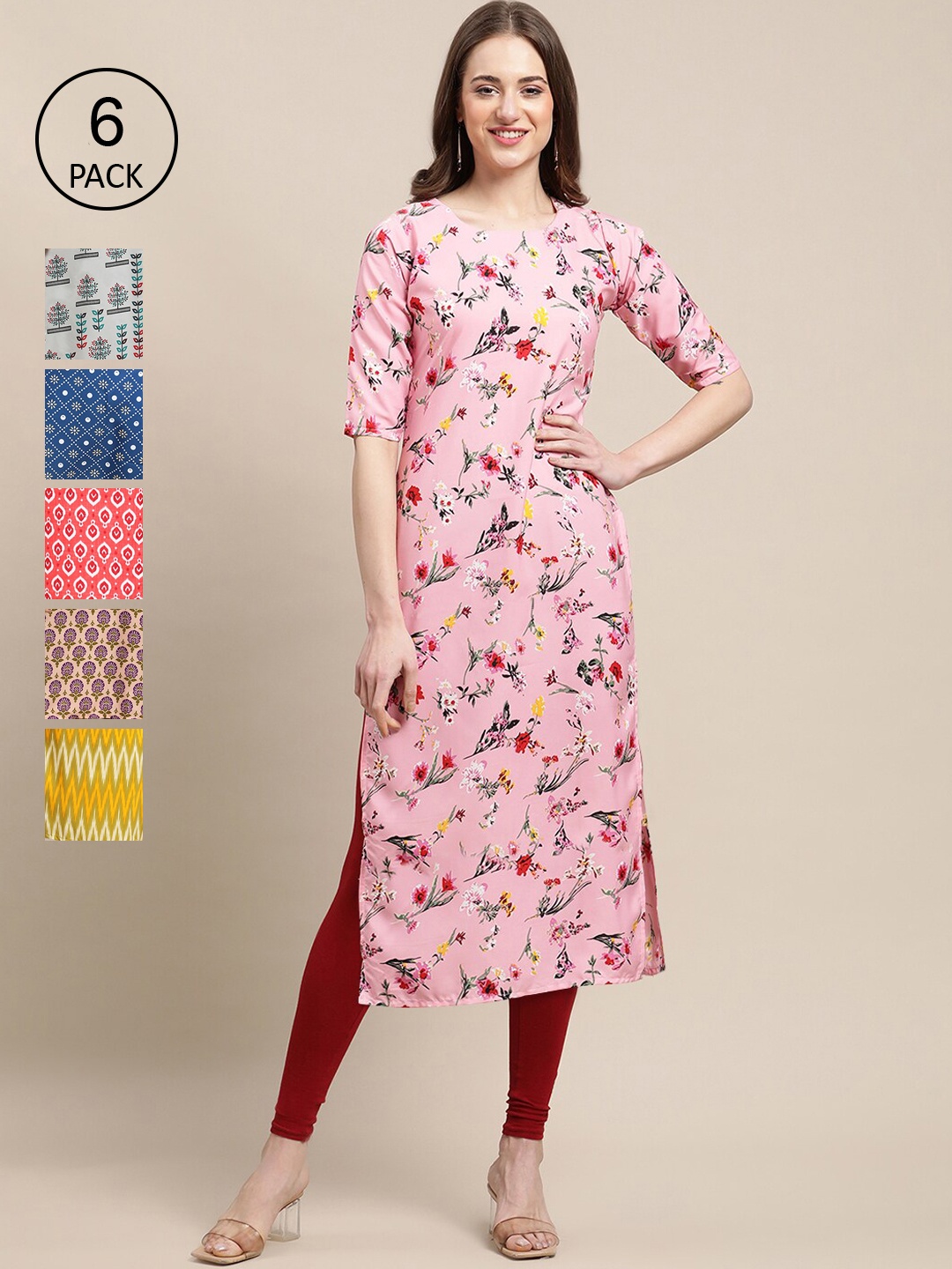 

Ethnic basket Women Pink & Blue Pack Of 6 Geometric Printed Summer Sheers Crepe Kurta