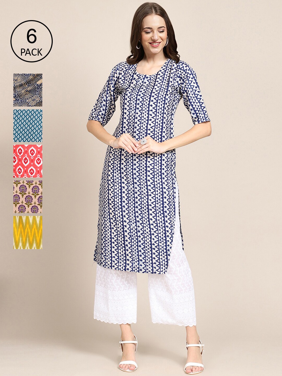 

Ethnic basket Women Pack Of 6 Geometric Printed Crepe Kurta, Blue