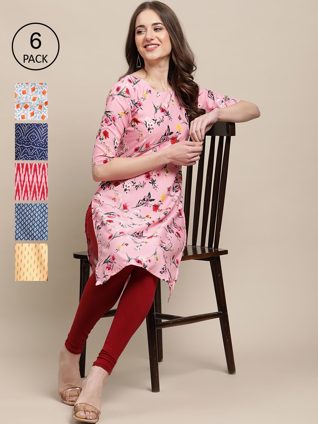 

Ethnic basket Pack of 6 Women Pink & Blue Floral Printed Summer Sheers Crepe Kurta