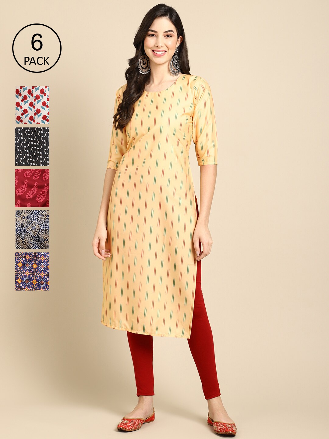 

Ethnic basket Women Multicoloured Pack of 6 Geometric Printed Crepe Kurta, Multi