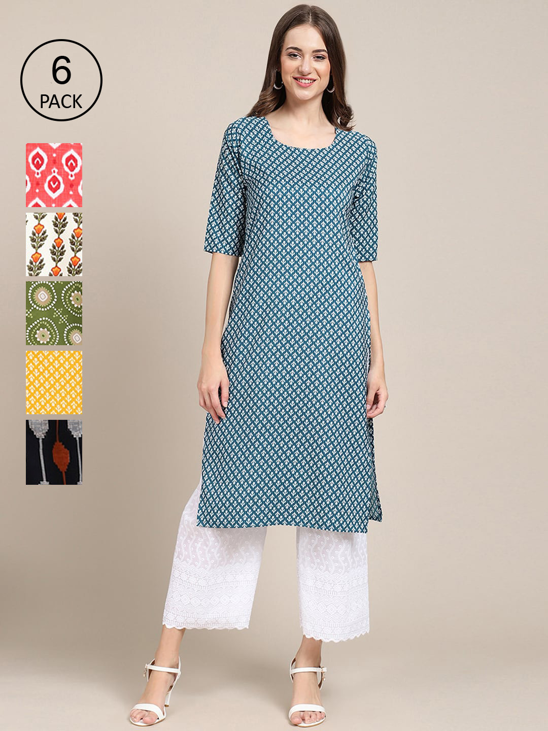 

Ethnic basket Women Blue & Red Pack of 6 Floral Printed Crepe Kurtas