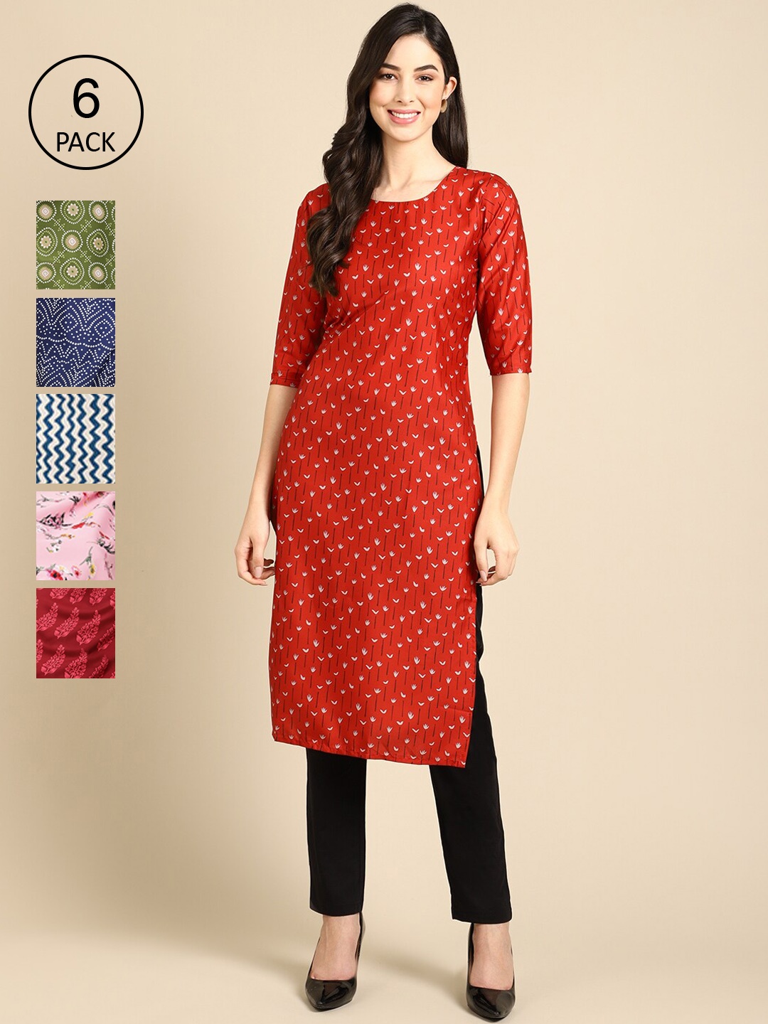 

Ethnic basket Women Pack of 6 Printed Summer Sheers Crepe Kurta, Red