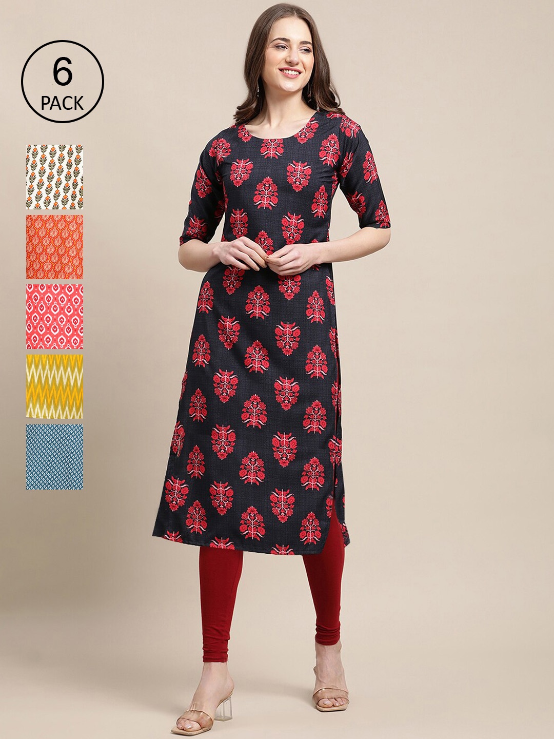 

Ethnic basket Women Pack of 6 Ethnic Motifs Printed Summer Sheers Crepe Kurta, Navy blue