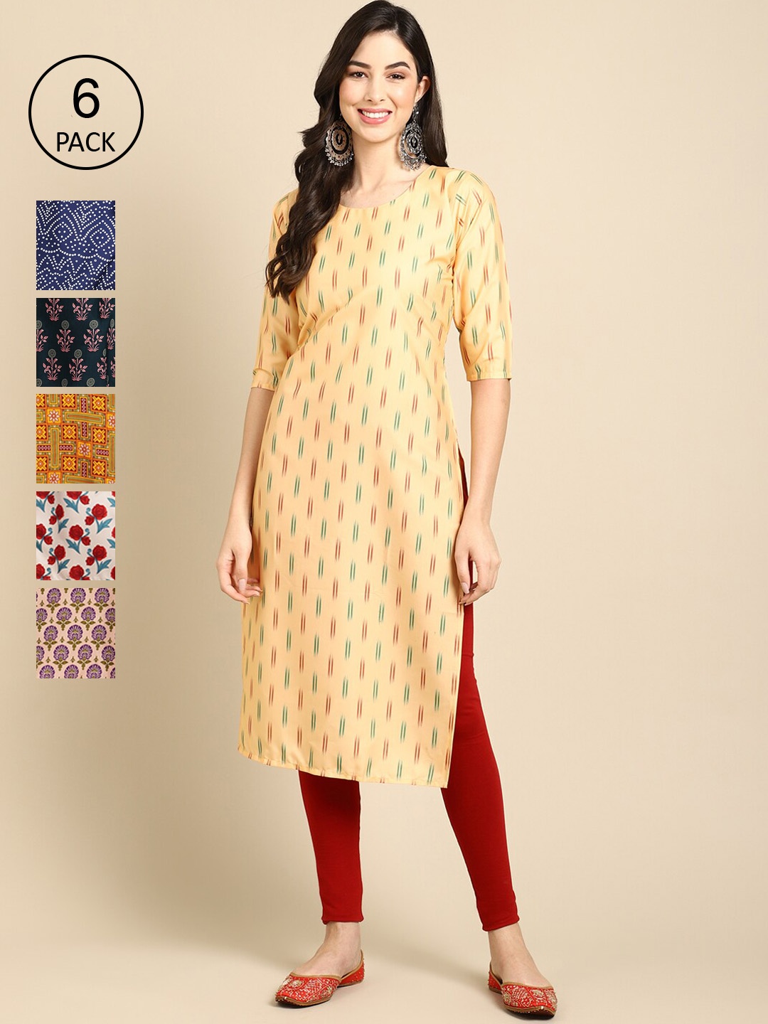 

Ethnic basket Women Pack Of 6 Ethnic Motifs Printed Crepe Kurta, Yellow