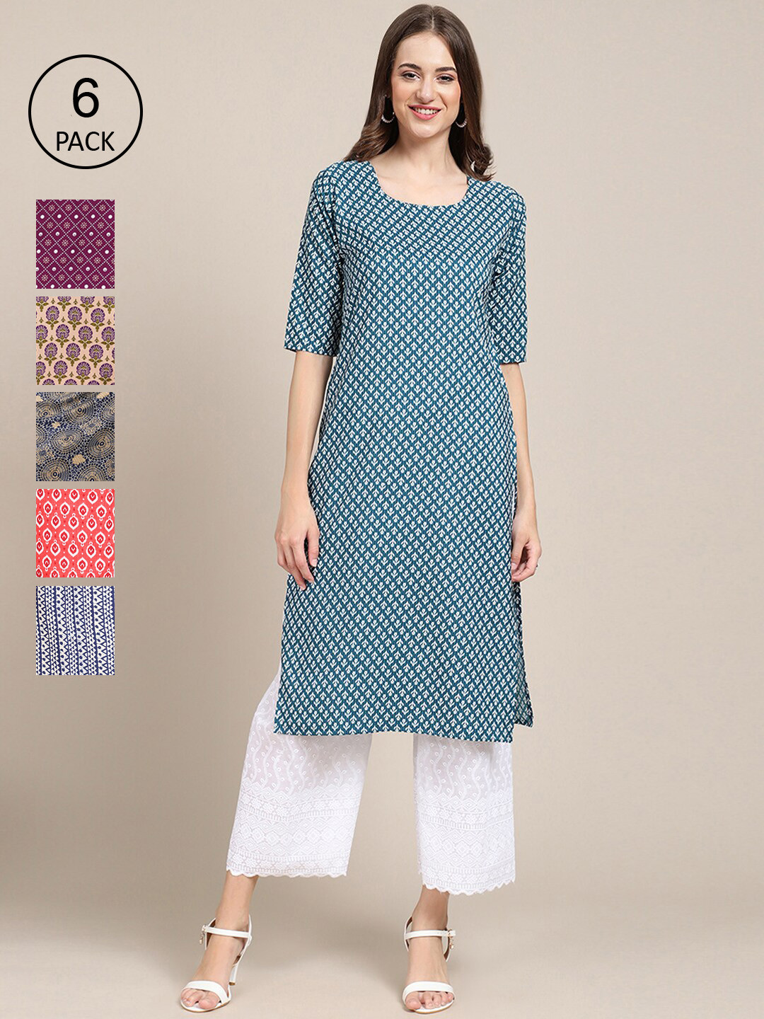 

Ethnic basket Women Pack of 6 Ethnic Motifs Printed Crepe Kurta, Multi